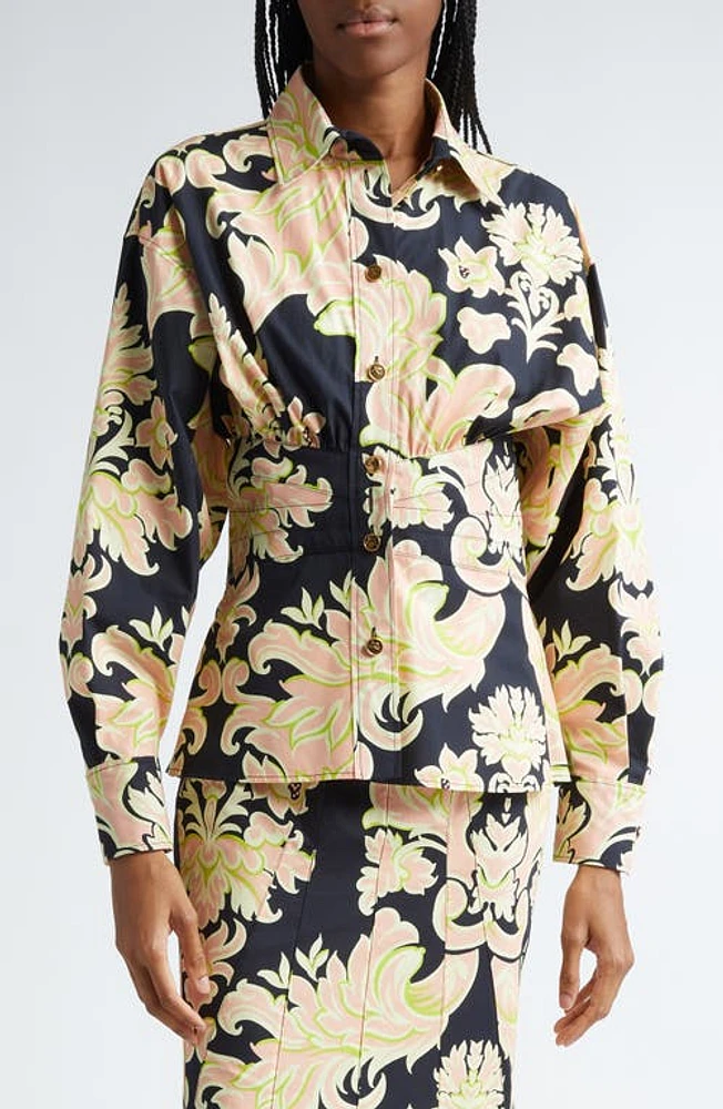 Etro Scroll Print Shaped Waist Poplin Shirt Black at Nordstrom, Us