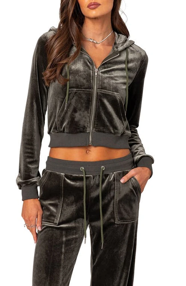 EDIKTED Camron Velour Zip Hoodie Olive at Nordstrom,