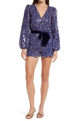 BTFL-life Sequin Velvet Belted Long Sleeve Romper in Navy at Nordstrom, Size Large