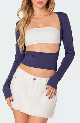 EDIKTED Cutout Detail Long Sleeve Crop Top Navy at Nordstrom,