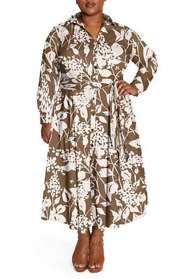 Pari Passu Floral Long Sleeve Poplin Shirtdress Brown/Cream at Nordstrom,