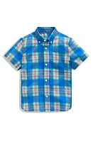 Mini Boden Kids' Plaid Short Sleeve Linen & Cotton Button-Down Shirt Blue/Green Check at Nordstrom,