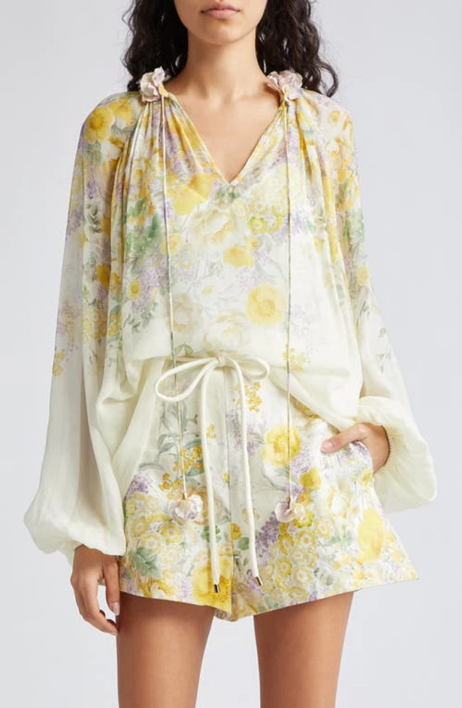 Zimmermann Natura Floral Blouson Sleeve Chiffon Top Citrus Garden Print at Nordstrom,