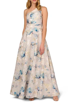 Aidan Mattox by Adrianna Papell Metallic Floral Jacquard One-Shoulder Gown Blue Multi at Nordstrom,