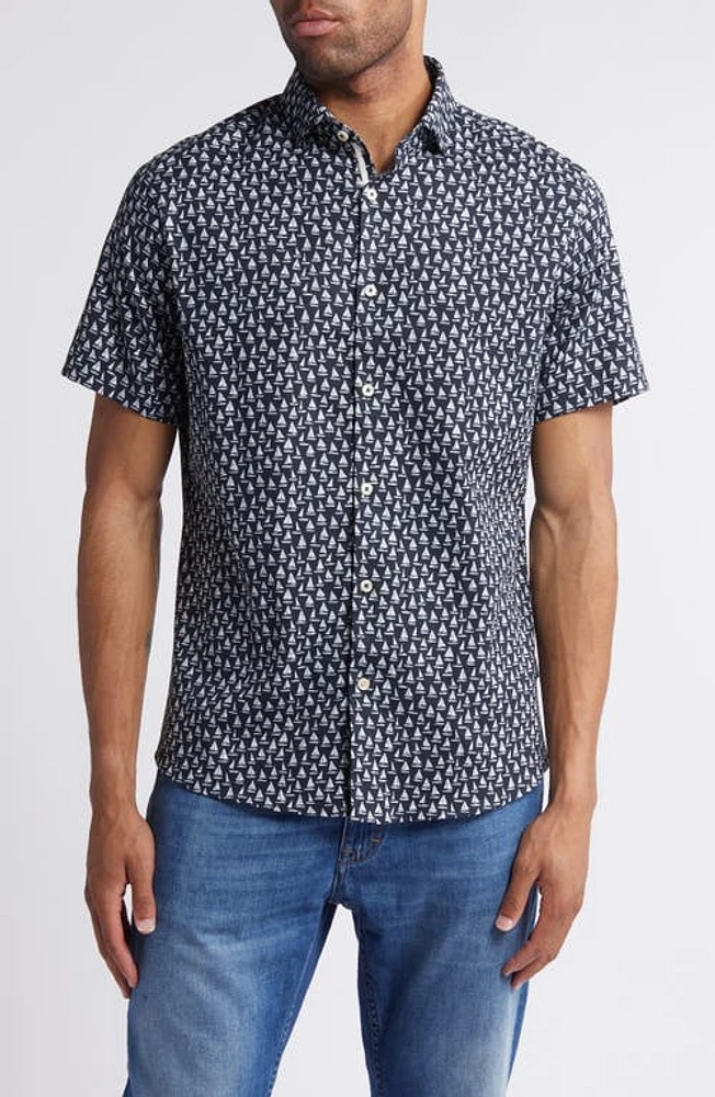 Stone Rose Sailboat Print Short Sleeve Stretch Cotton & Lyocell Button-Up Shirt Navy at Nordstrom,