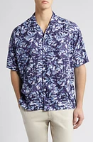 BOSS Drew Palm Print Lyocell Camp Shirt Blue at Nordstrom,