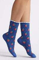 Casa Clara Strawberry Embroidered Cotton Crew Socks in Blue Berry at Nordstrom