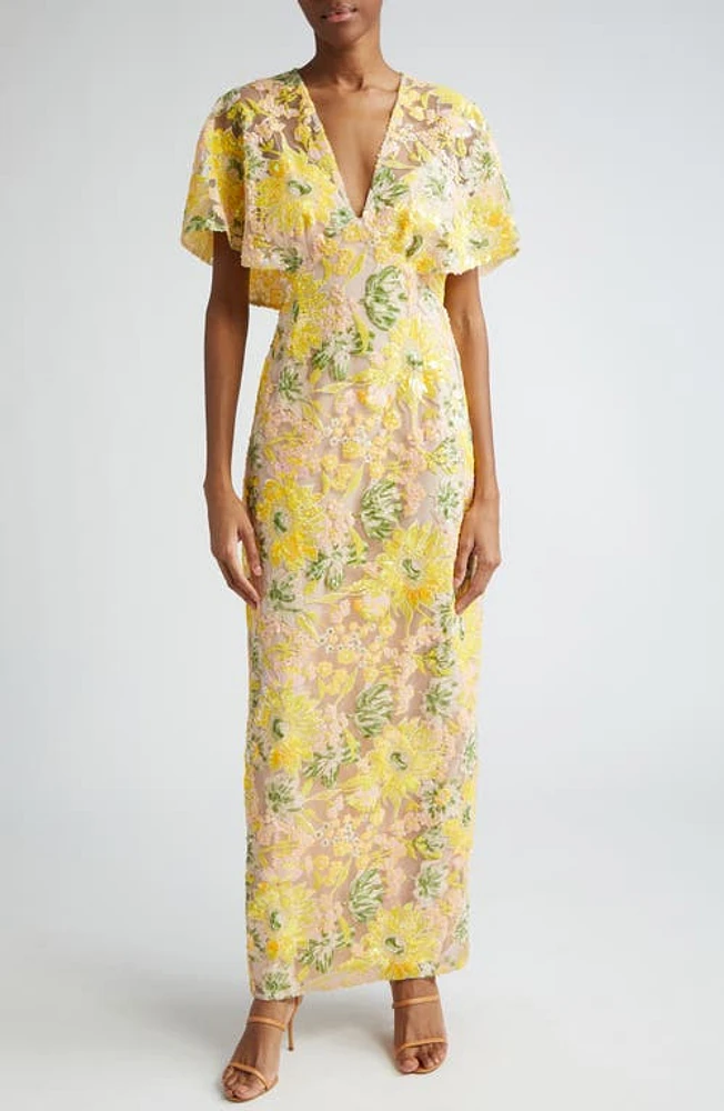 Lela Rose Sequin Embroidered Flutter Sleeve Column Gown Limoncello at Nordstrom,