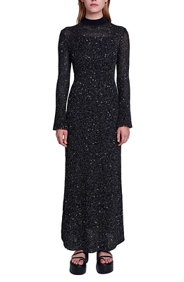 maje Raville Sequin Long Sleeve Knit Maxi Dress Black at Nordstrom,