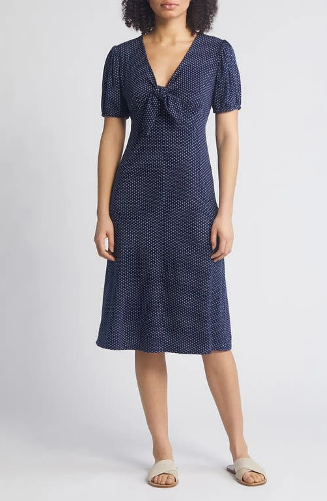 Loveappella Polka Dot Puff Sleeve Midi Dress Navy/White at Nordstrom,