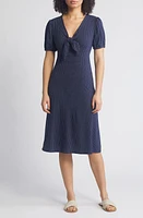 Loveappella Polka Dot Puff Sleeve Midi Dress Navy/White at Nordstrom,