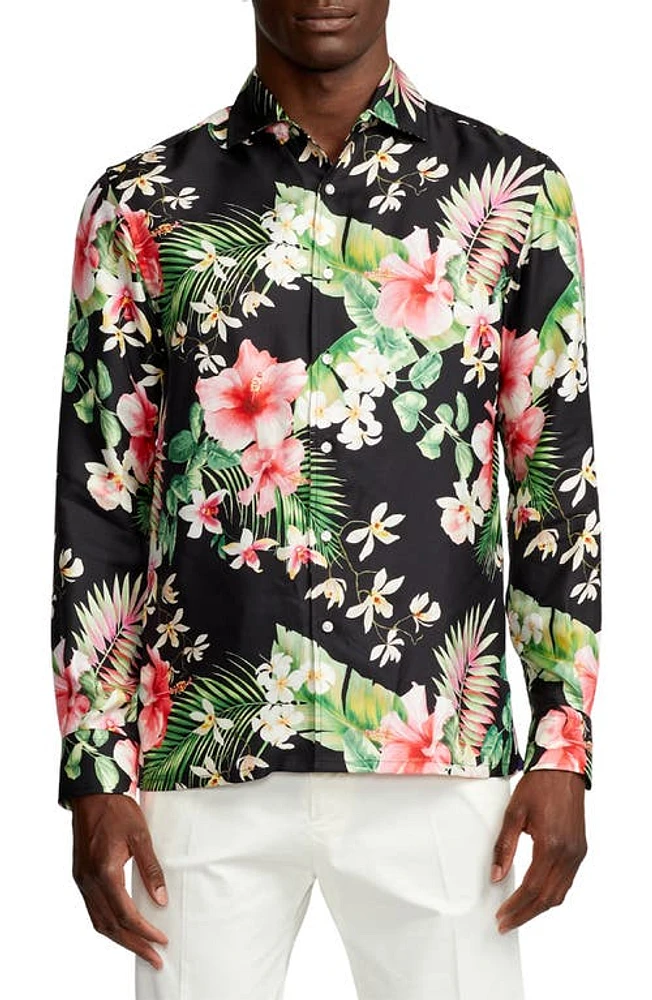 Ralph Lauren Purple Label Tropical Floral Silk Button-Up Shirt Black at Nordstrom,