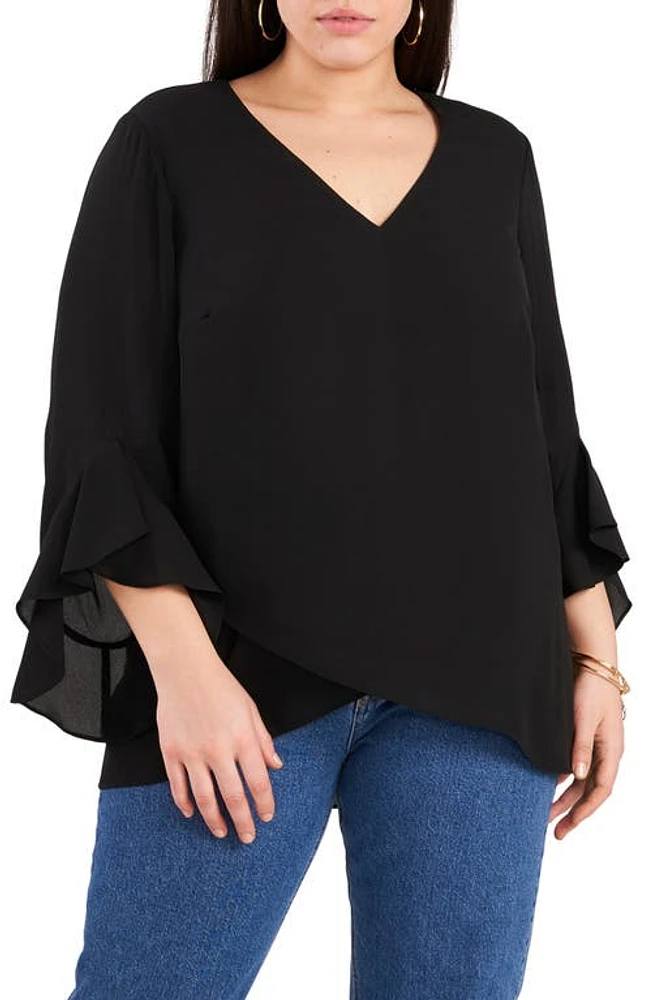 Vince Camuto Flutter Sleeve Crossover Georgette Tunic Top in Black at Nordstrom, Size 1X