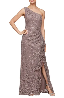 Alex Evenings One-Shoulder Sequin Lace A-Line Gown Mocha at Nordstrom