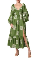 CIEBON Serbita Medallion Embroidery Long Sleeve Cotton & Linen Midi Dress at Nordstrom,