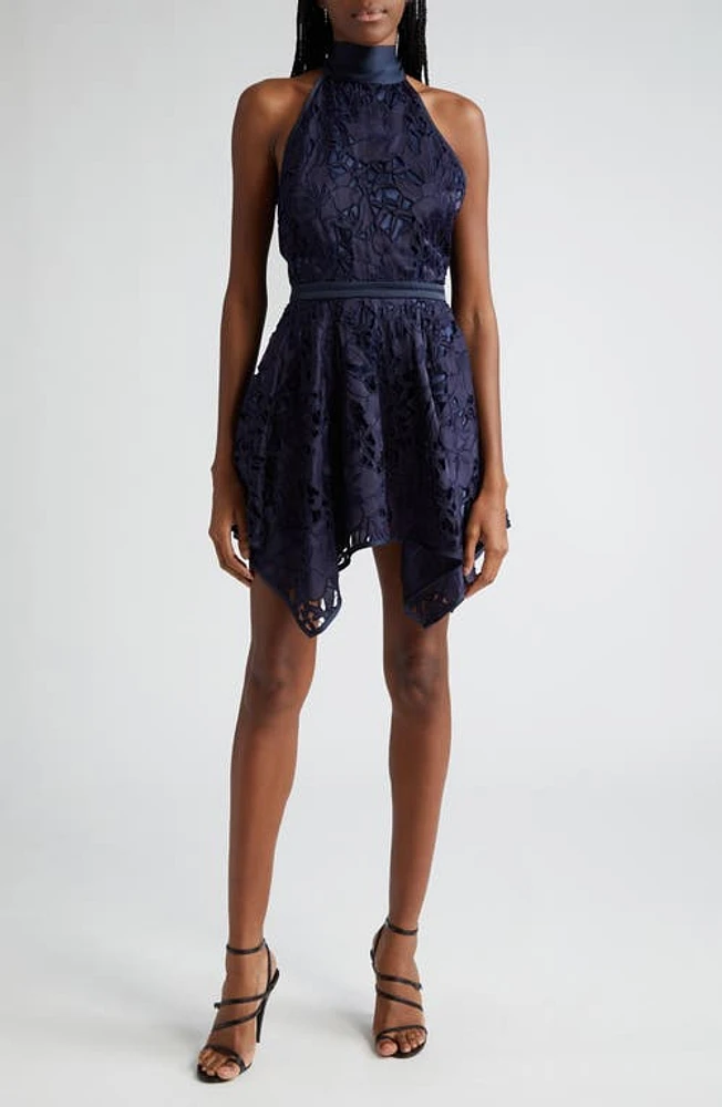 Ramy Brook Leyla Floral Cutout Halter Minidress Navy Sateen at Nordstrom,