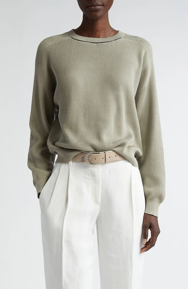 Brunello Cucinelli Monili Trim Cotton Rib Sweater Ash Green at Nordstrom,