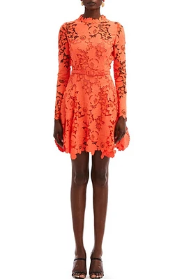 Oscar de la Renta Floral Long Sleeve Open Back Guipure Lace Fit & Flare Dress Tiger Lily at Nordstrom,