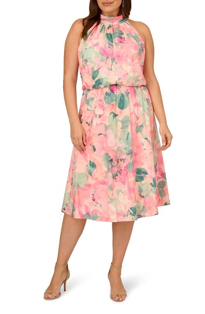 Adrianna Papell Floral Mock Neck Chiffon Cocktail Midi Dress Blush Multi at Nordstrom,