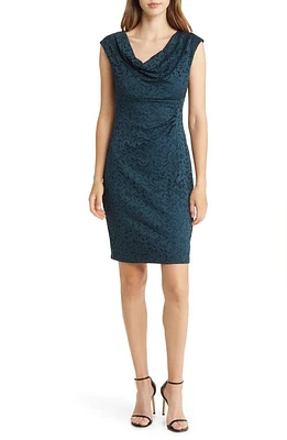 Connected Apparel Cowl Neck Lace Overlay Sheath Dress in Dark Mallard at Nordstrom, Size 10