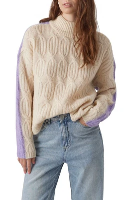 VERO MODA Chrissy Colorblock Cable Stitch Turtleneck Sweater Birch/Purple at Nordstrom,