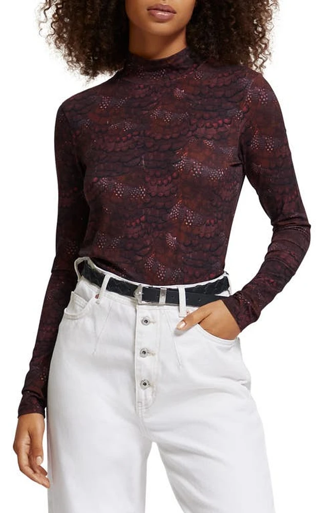 Scotch & Soda Feather Print Long Sleeve Mock Neck Top in Feather Bordeaux at Nordstrom, Size Medium