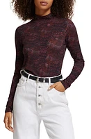 Scotch & Soda Feather Print Long Sleeve Mock Neck Top in Feather Bordeaux at Nordstrom, Size Medium