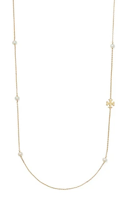 Tory Burch Kira Cultured Pearl & Logo Station Necklace in Tory Gold/Pearl at Nordstrom