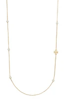 Tory Burch Kira Cultured Pearl & Logo Station Necklace in Tory Gold/Pearl at Nordstrom