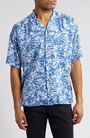 BOSS Drew Leaf Print Lyocell Camp Shirt Light Blue at Nordstrom,