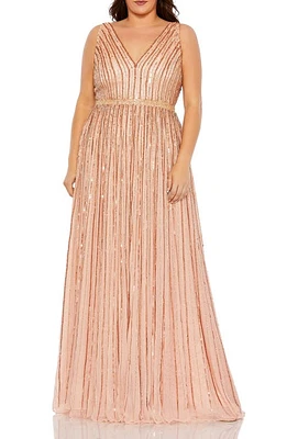 Mac Duggal Sequin Stripe Sleeveless A-Line Gown Apricot at Nordstrom,