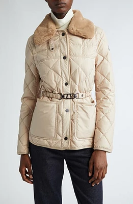 Moncler Cygne Belted Down Puffer Jacket with Removable Faux Fur Collar Beige at Nordstrom,