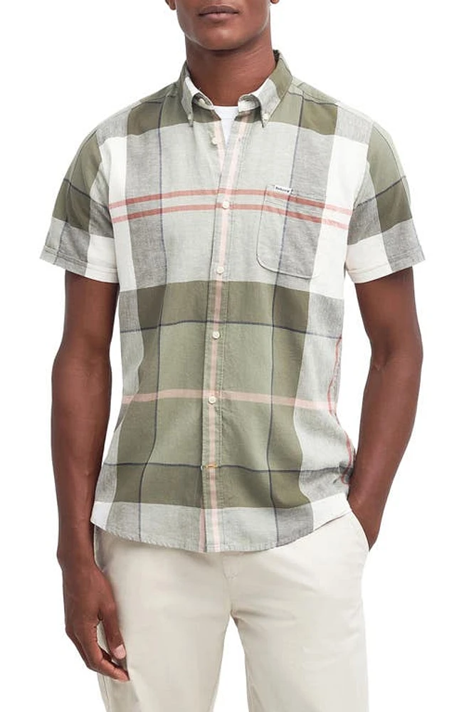 Barbour Men's Douglas Tailored Fit Plaid Short Sleeve Cotton & Linen Button-Down Shirt Glenmore Olive Tartan at Nordstrom,