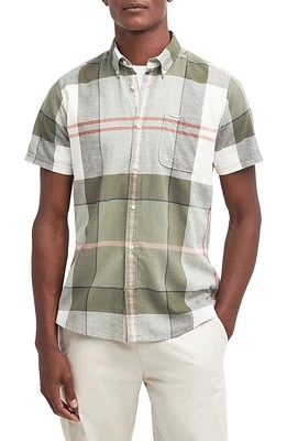 Barbour Men's Douglas Tailored Fit Plaid Short Sleeve Cotton & Linen Button-Down Shirt Glenmore Olive Tartan at Nordstrom,