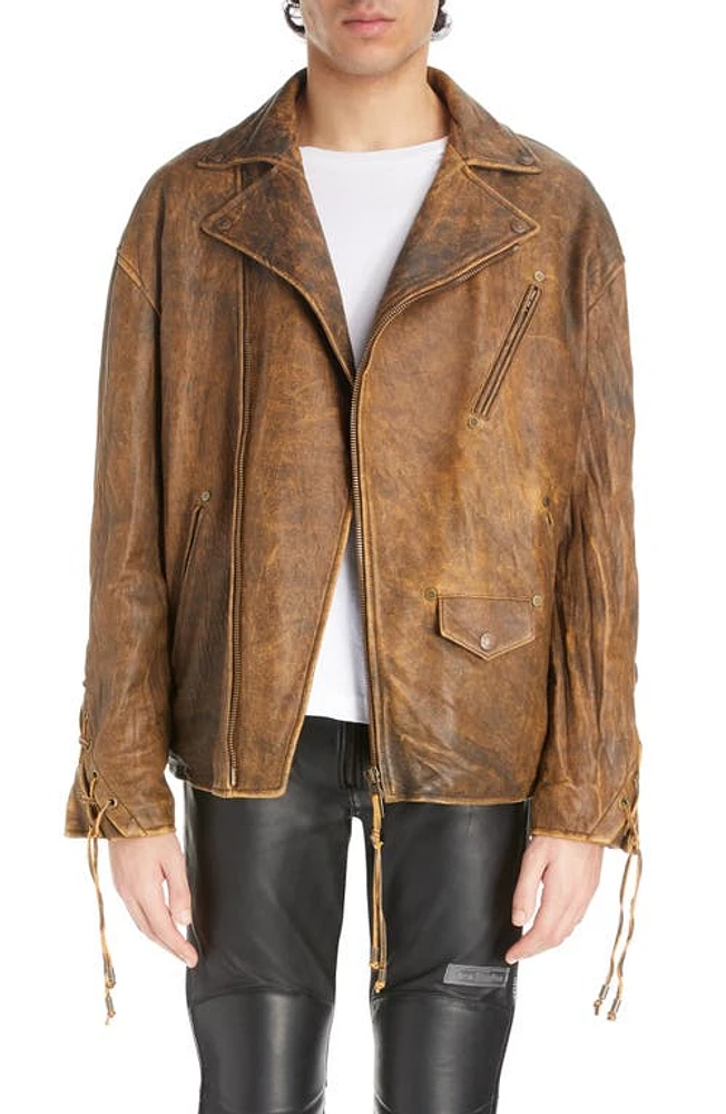 Acne Studios Lace-Up Crinkled Lambskin Biker Jacket Brown/Orange at Nordstrom, Us