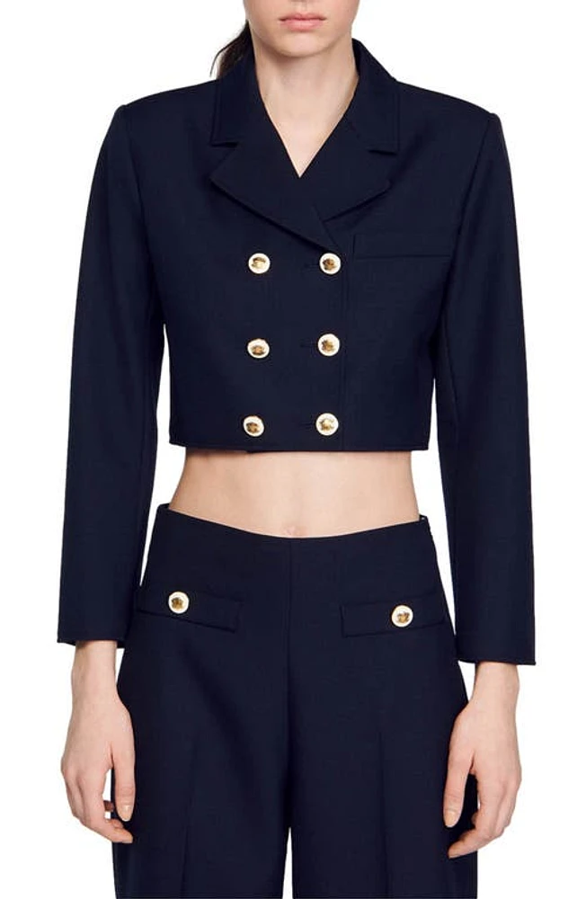 sandro Ales Double-Breasted Wool Blend Crop Blazer Deep Blue at Nordstrom,