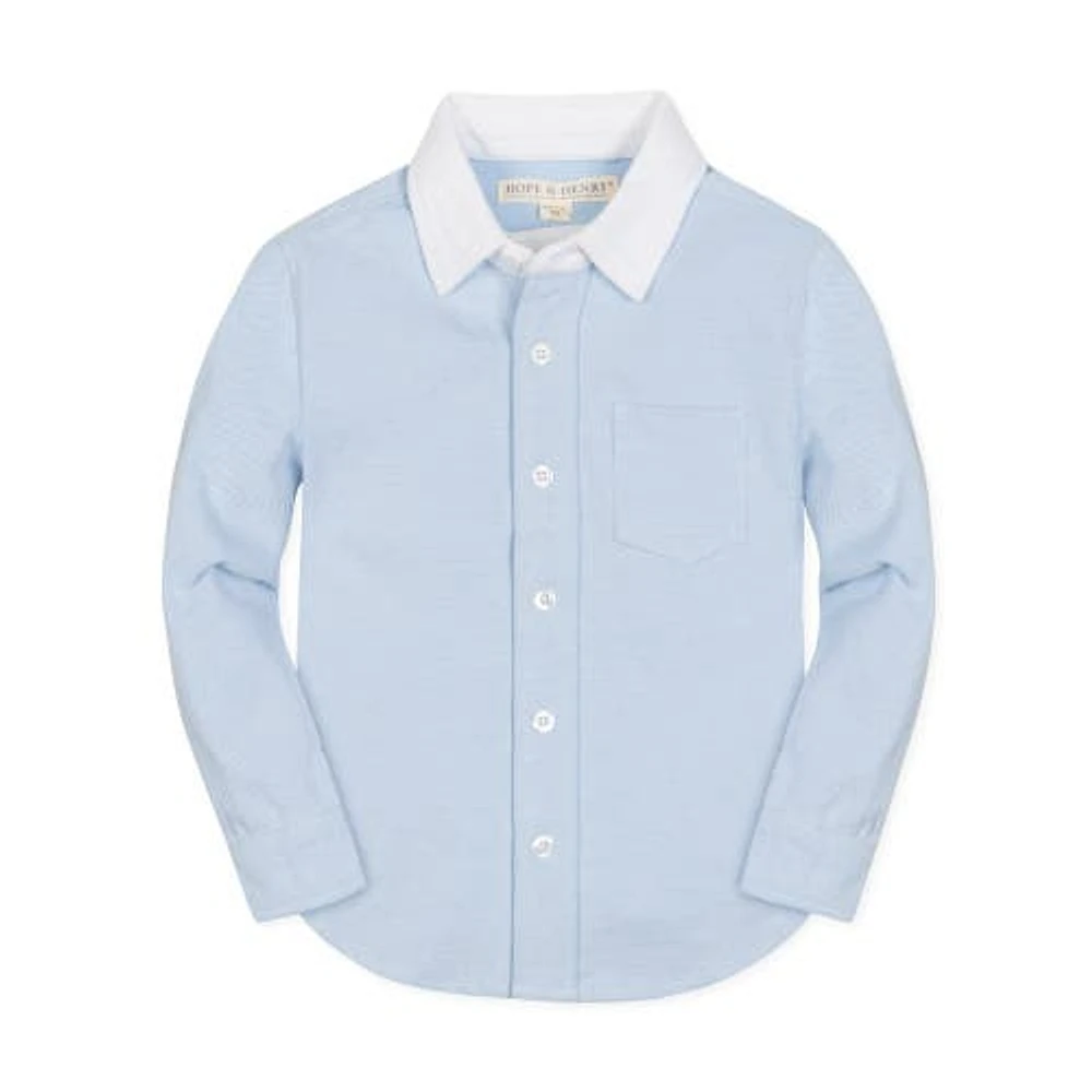 Hope & Henry Boys' Organic Long Sleeve Pique Button-Down Shirt, Infant Light Blue With White Collar at Nordstrom,