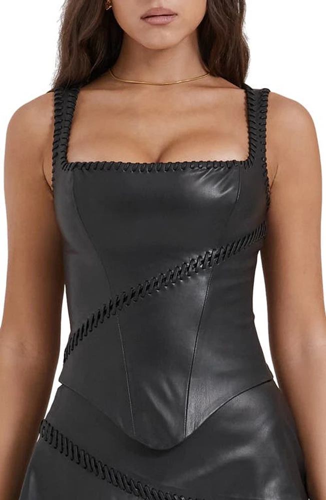 HOUSE OF CB Leonie Whipstitch Faux Leather Corset Top Black at Nordstrom, A