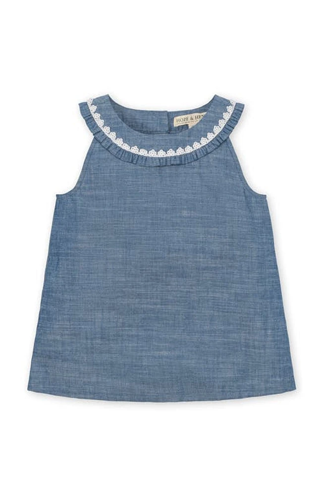 Hope & Henry Girls' Organic Sleeveless Ruffle Collar Chambray Button Back Top, Kids in Chambray Sleeveless Ruffle at Nordstrom