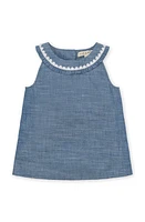 Hope & Henry Girls' Organic Sleeveless Ruffle Collar Chambray Button Back Top, Kids in Chambray Sleeveless Ruffle at Nordstrom