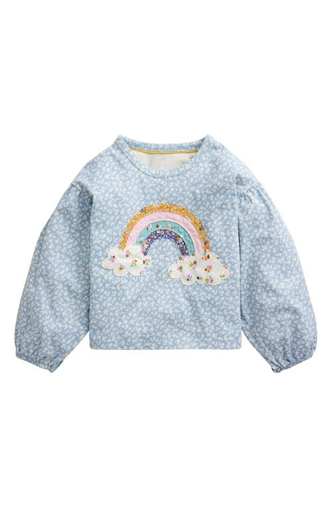 Mini Boden Kids' Floral Appliqué Puff Sleeve Cotton Sweatshirt Vintage Blue Ditsy Rainbow at Nordstrom,