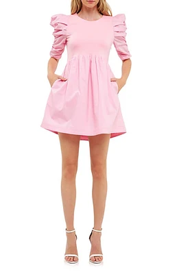 English Factory Ruched Puff Sleeve Cotton Dress in Pink at Nordstrom, Size Small