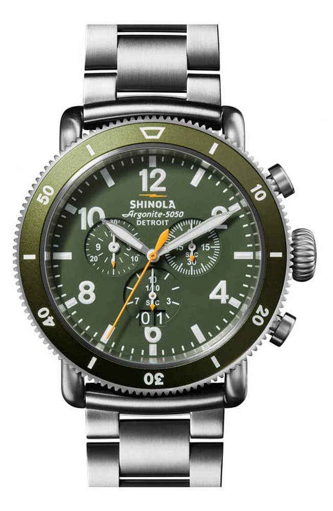 Shinola Runwell Sport Bracelet Chronograph Watch Gift Set, 48mm in Silver/Dark Olive at Nordstrom, Size 48 Mm