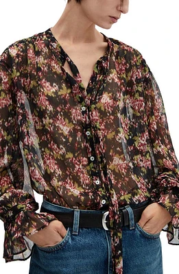 MANGO Abstract Floral Print Bow Neck Top Black at Nordstrom,