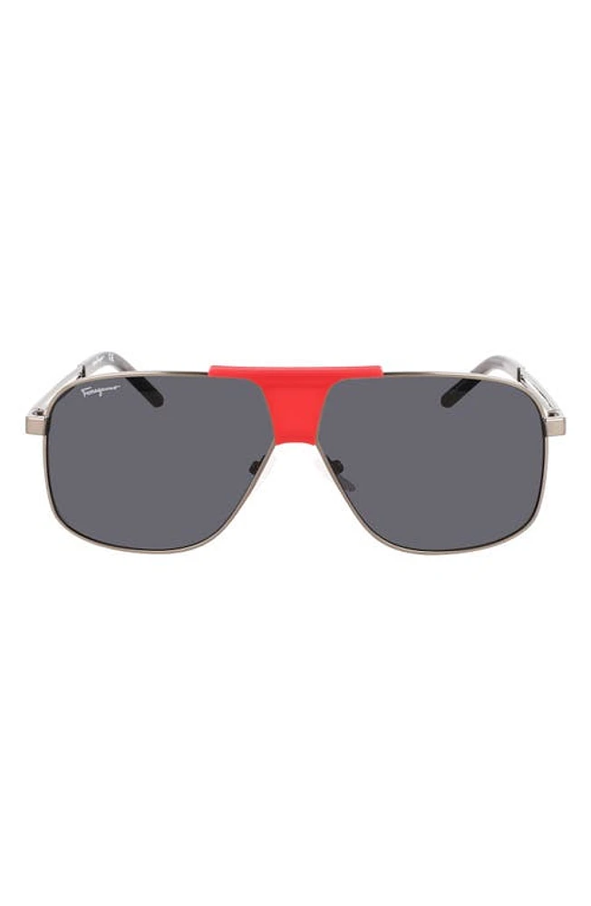 FERRAGAMO 63mm Oversize Navigator Sunglasses in Dark Ruthenium/Red at Nordstrom