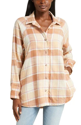 Lucky Brand Distressed Oversize Plaid Cotton Flannel Button-Up Shirt in Cafe Au Lait Plaid at Nordstrom, Size X-Large