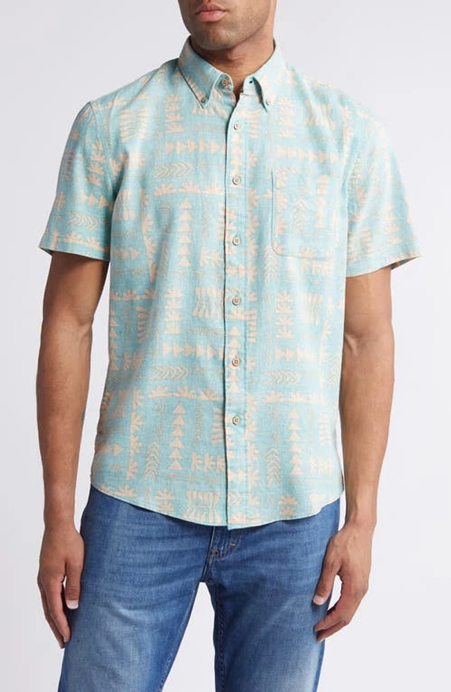 Faherty Breeze Short Sleeve Button-Down Shirt Teal Naupaka at Nordstrom,