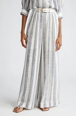 Zimmermann Matchmaker Stripe Belted Pintuck Wide Leg Pants Blue/Cream at Nordstrom,