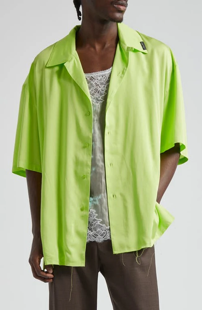 Martine Rose Gender Inclusive Satin & Lace Camisole Camp Shirt Lime/Iridescent at Nordstrom,