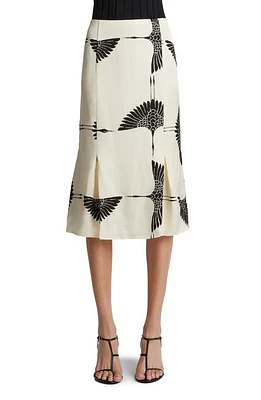 Khaite Levy Crane Print Pleated Cupro Skirt Cream /Black at Nordstrom,